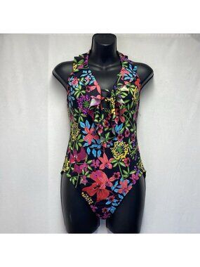 Bleu Rod Beattie Plunge Ruffle One-Piece Swimsuit Women Size 10 Black Floral